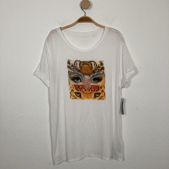 NEW GUESS WOMEN'S WHITE BEADED SHORT SLEEVE ROUND NECK PULLOVER T-SHIRT SIZE XL - Picture 3 of 13